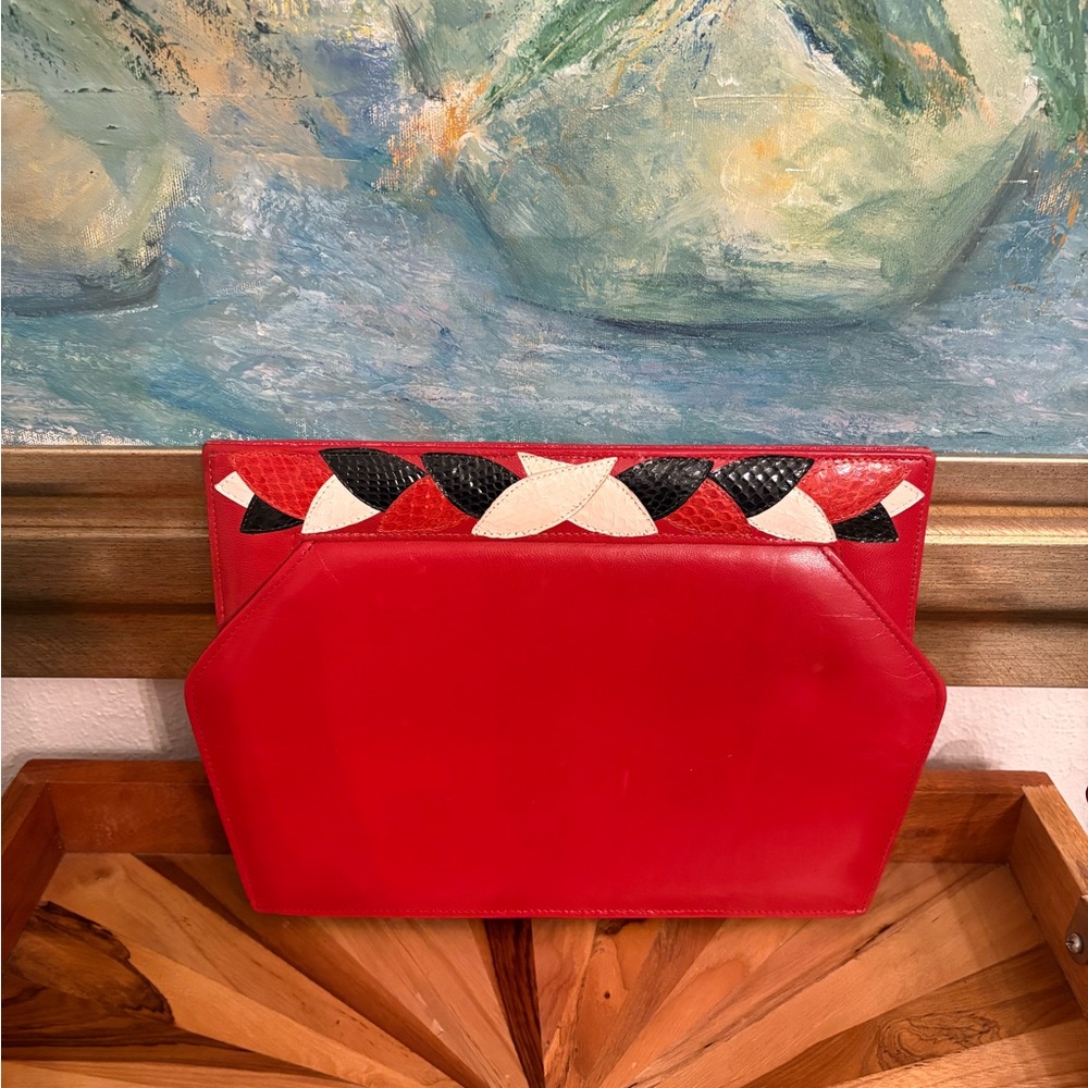 Jasmin Red and Black Geometric Clutch REAL SNAKESKIN & Genuine Leather EUC
